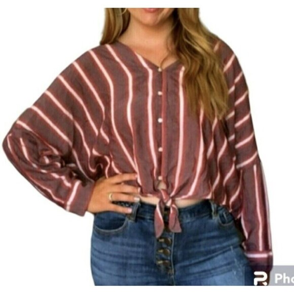 Express Striped Oversized Button Down Crop Top Berry Red M - Picture 1 of 7